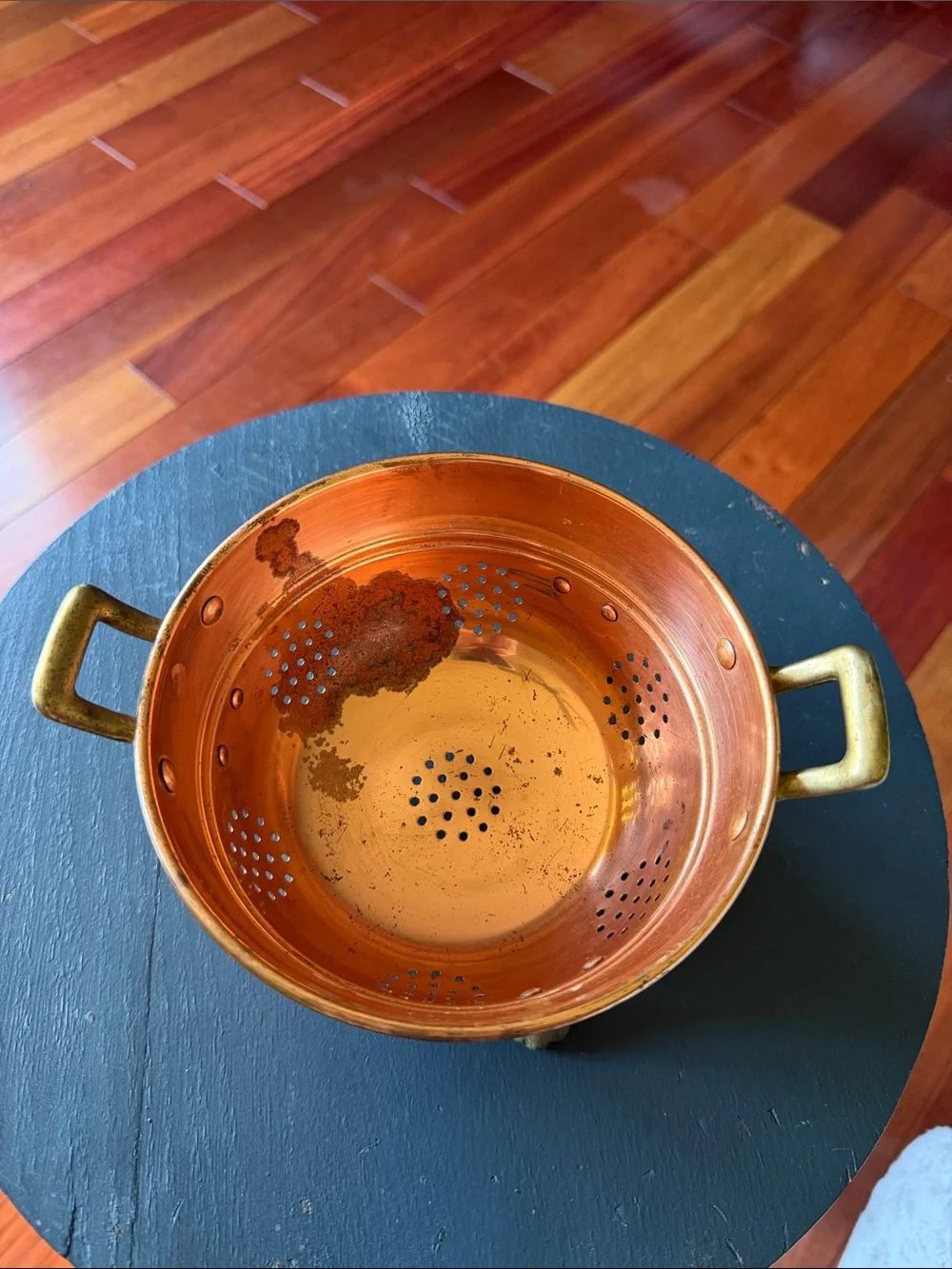 Vintage Copper Colander with Brass Handles and Feet